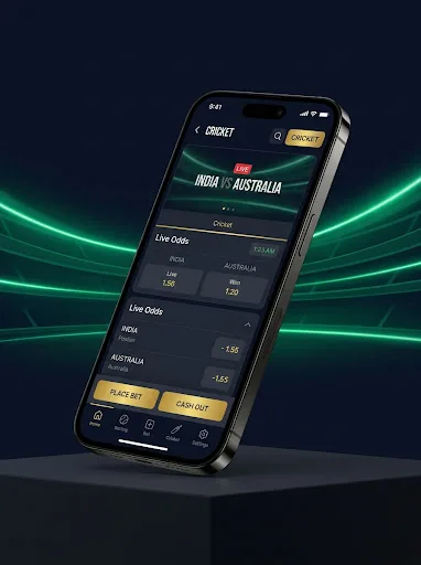 Premium sports exchange mobile interface showing live cricket odds with a glossy dark mode aesthetic and gold accents.